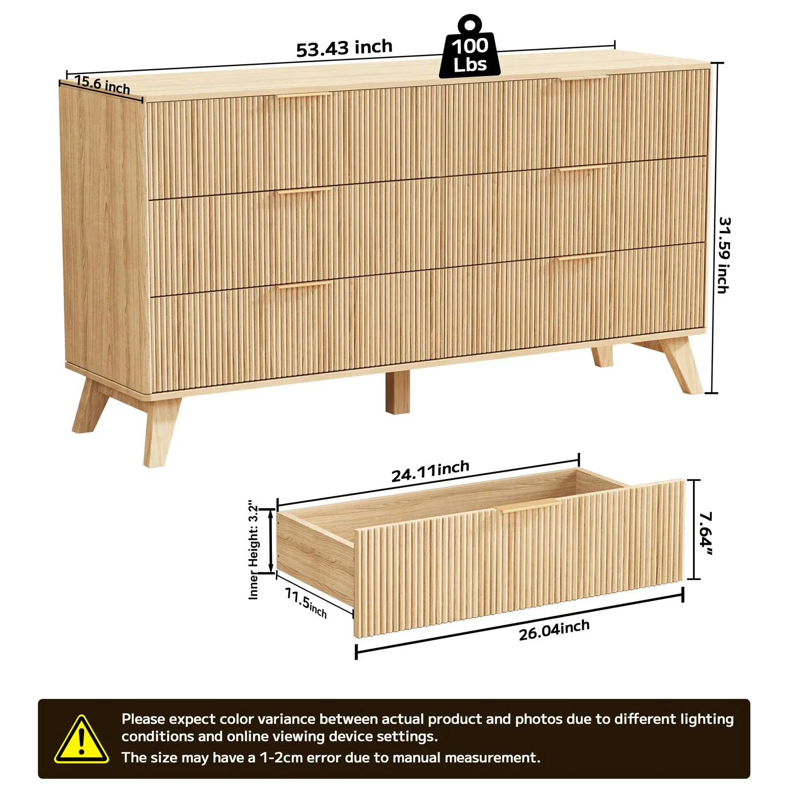 Fluted Dresser with 6 Drawers, 53.43 Inch Wood Double Dresser with Metal Handles Curved Design Wide Storage Organizer