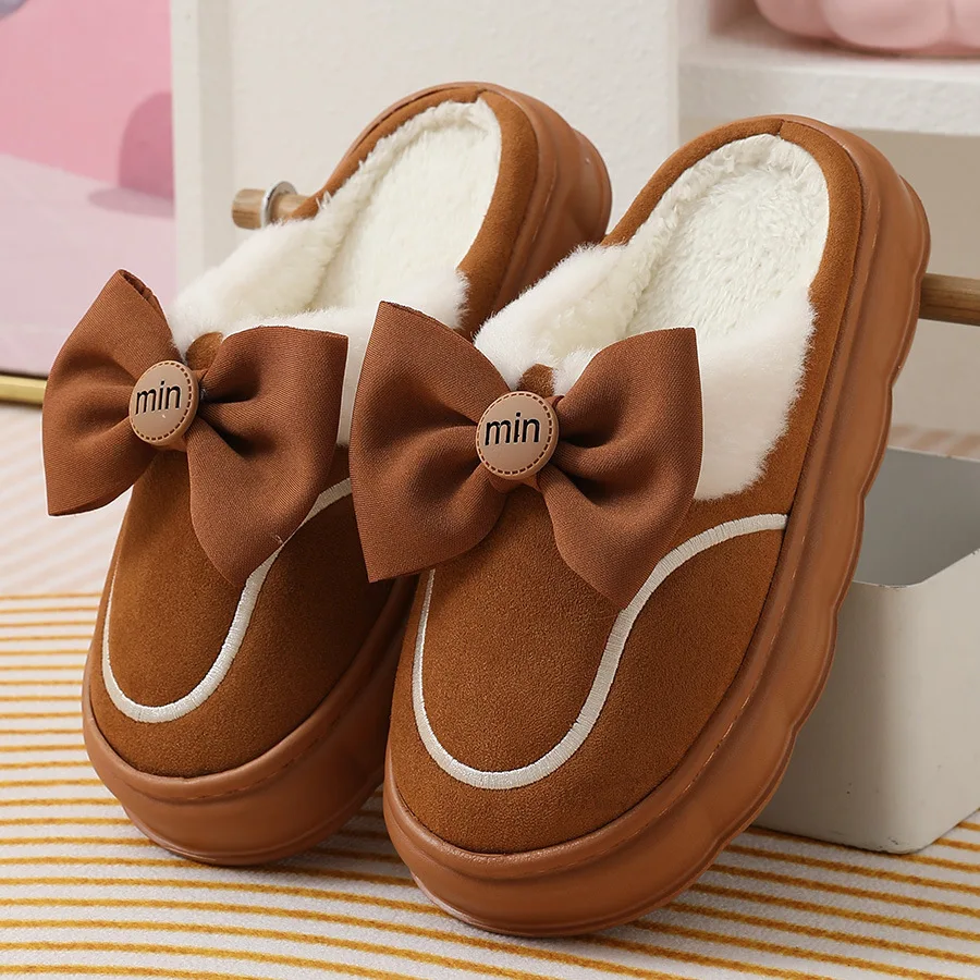 

New Winter Warm Fur Slippers for Women Cute bow House Non Slip Soft Shoes Comfort Flat Heel Home Indoor Bedroom Plush Slippers