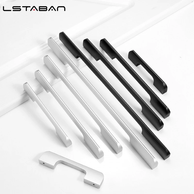 Black Aluminum Alloy Security Door Handles American Style Lengthen Cabinet Door Handle Modern Decorative Drawer Flush Handles