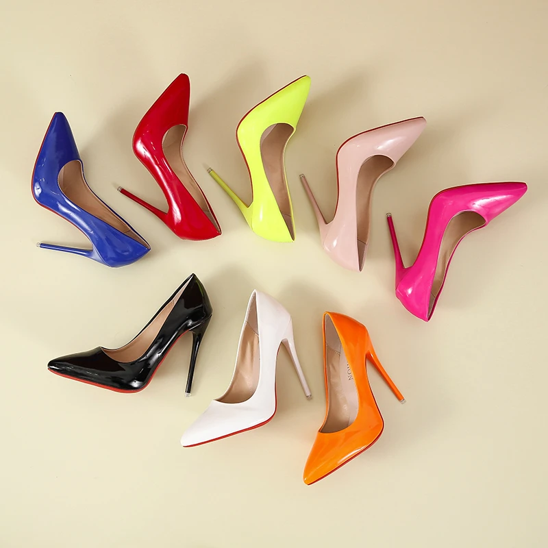 Temperament 12cm Super High Thin Heels Shoes Women Pumps Pointed Toe Colorful Patent Leather Stiletto Wedding Shoe Size 45