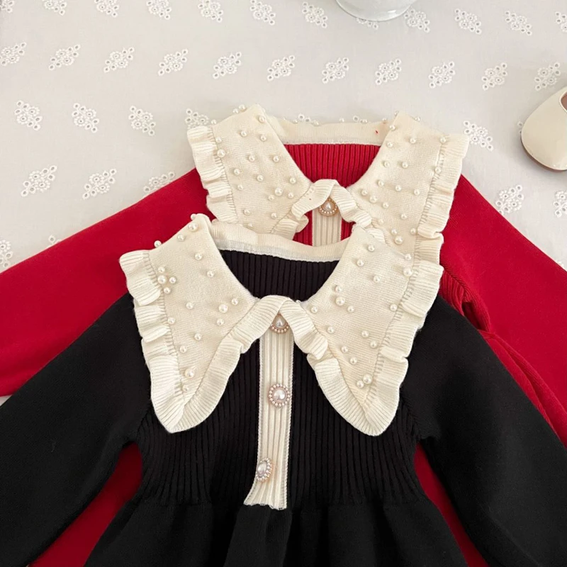 2 3 4 5 6 Years Girls Sweater Dress Splicing Lapel Pearl Decoration Pleated Skirt For Baby Girls Fashion Knitted Bottom Shirt