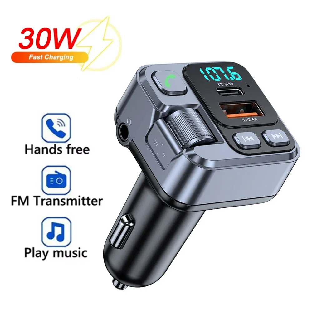 

Car Bluetooth 5.1 Fm Transmitter PD 30W Type C USB Port Fast Charger Hands-Free Calling Music Player 3.5mm Aux Wireless Car Kit