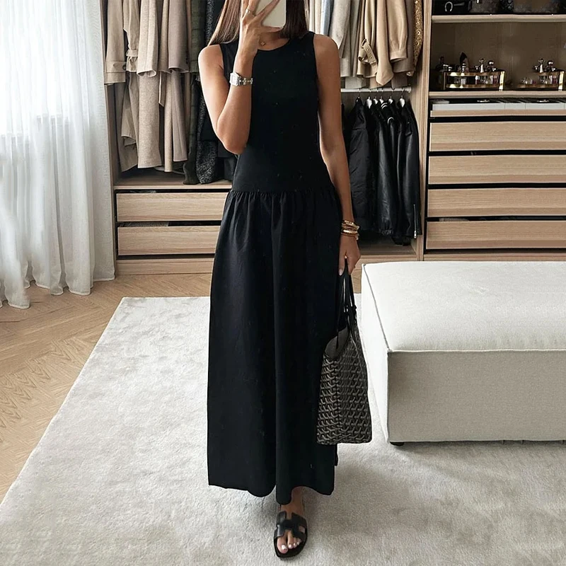 

Ellafads Women Long Dress Casual Elegant Solid Round Neck Sleeveless Tank Nipped Waist Party Evening Black Long Dress Streetwear