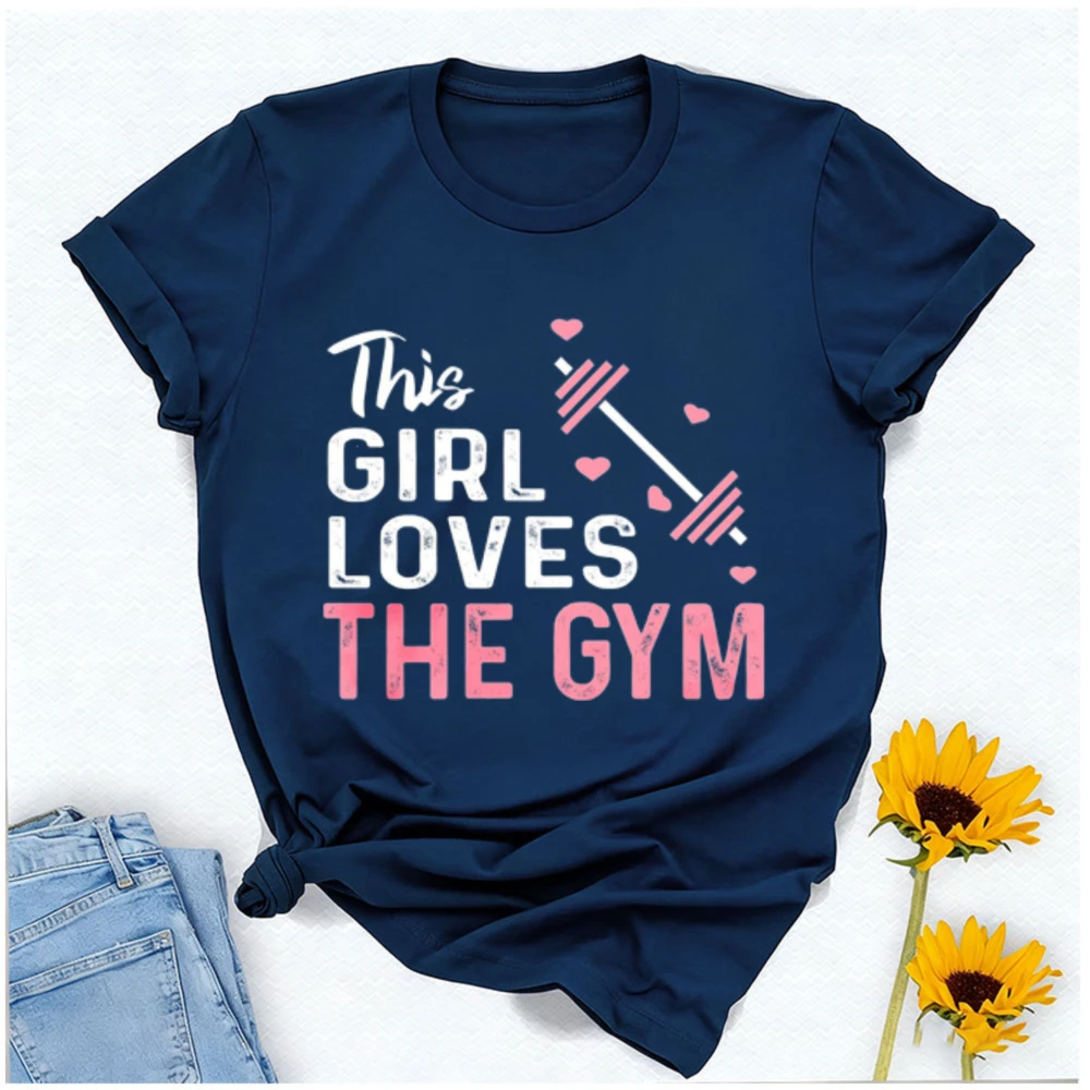 This Girl Loves The Gym Cute Pink Barbell Workout Summer Commuter Tee for Fitness Loving Women Letters Printed T-shirt Tops