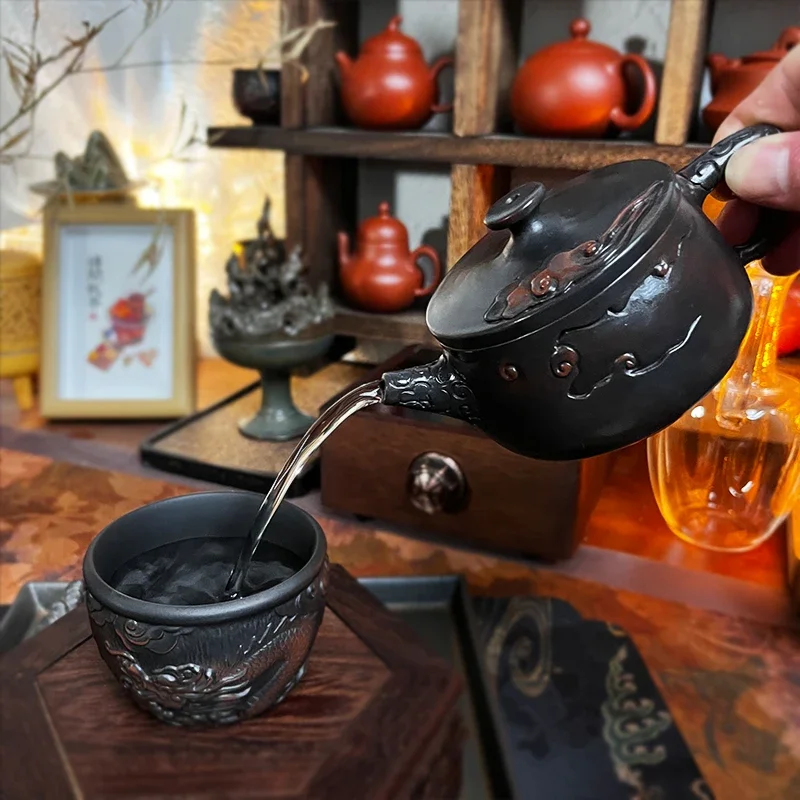 Dharma Purple Pottery Vintage Handmad Teapot Ceramic Carve Kung Fu Teapot Single Teapot Pu'er Tea Making Tea Sets  Tea Pot