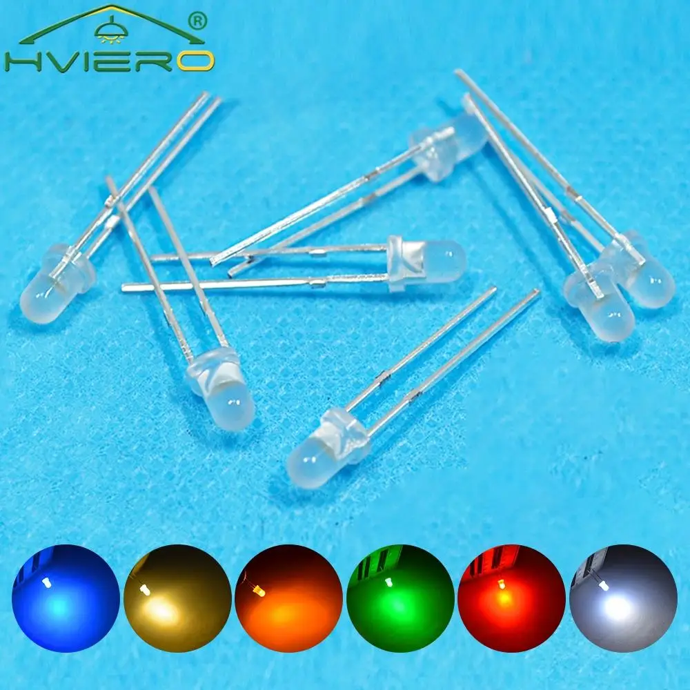 1000PCS F3 3mm Diffused White Red Green Blue Yellow Warm White Diode LED Light Emitting Diode F3 3mm LED Round Diodes Lamp Bulb