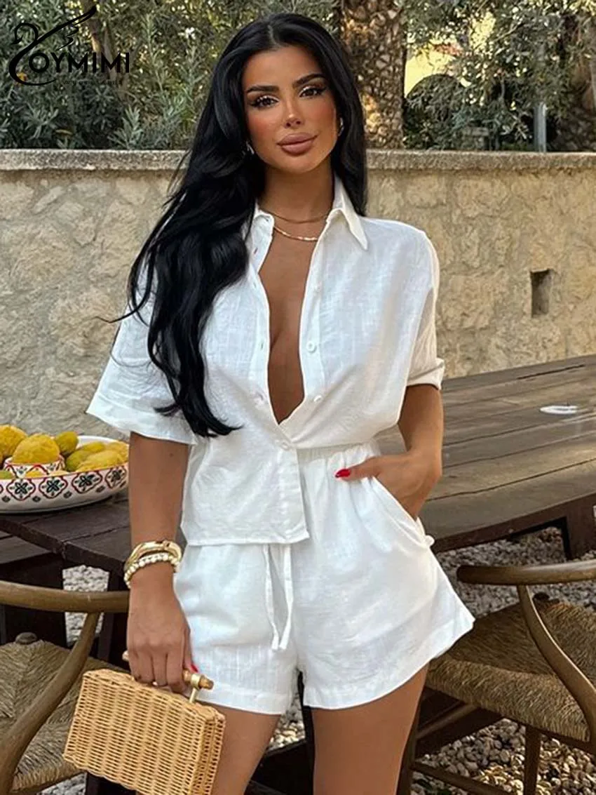 Oymimi Fashion White Cotton Two Piece Set For Women Elegant Half Sleeve Button Shirts And Drawstring Pockets Shorts Female Sets