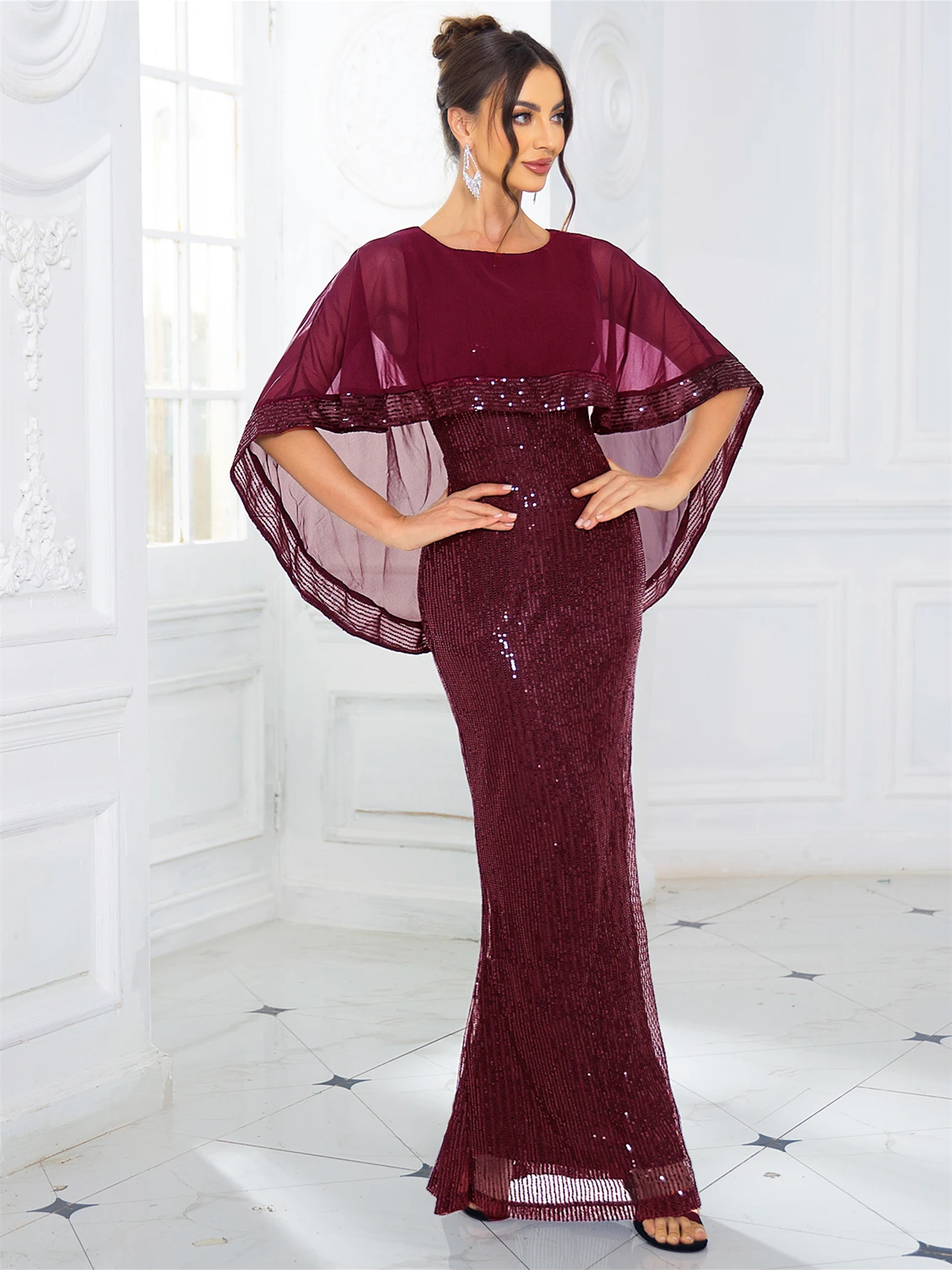 

Romagic Arabic kaftans O Neck Modest Evening Party Dress Burgundy Stretch Sequin Chiffon Women Wedding Dress Summer 2024 New