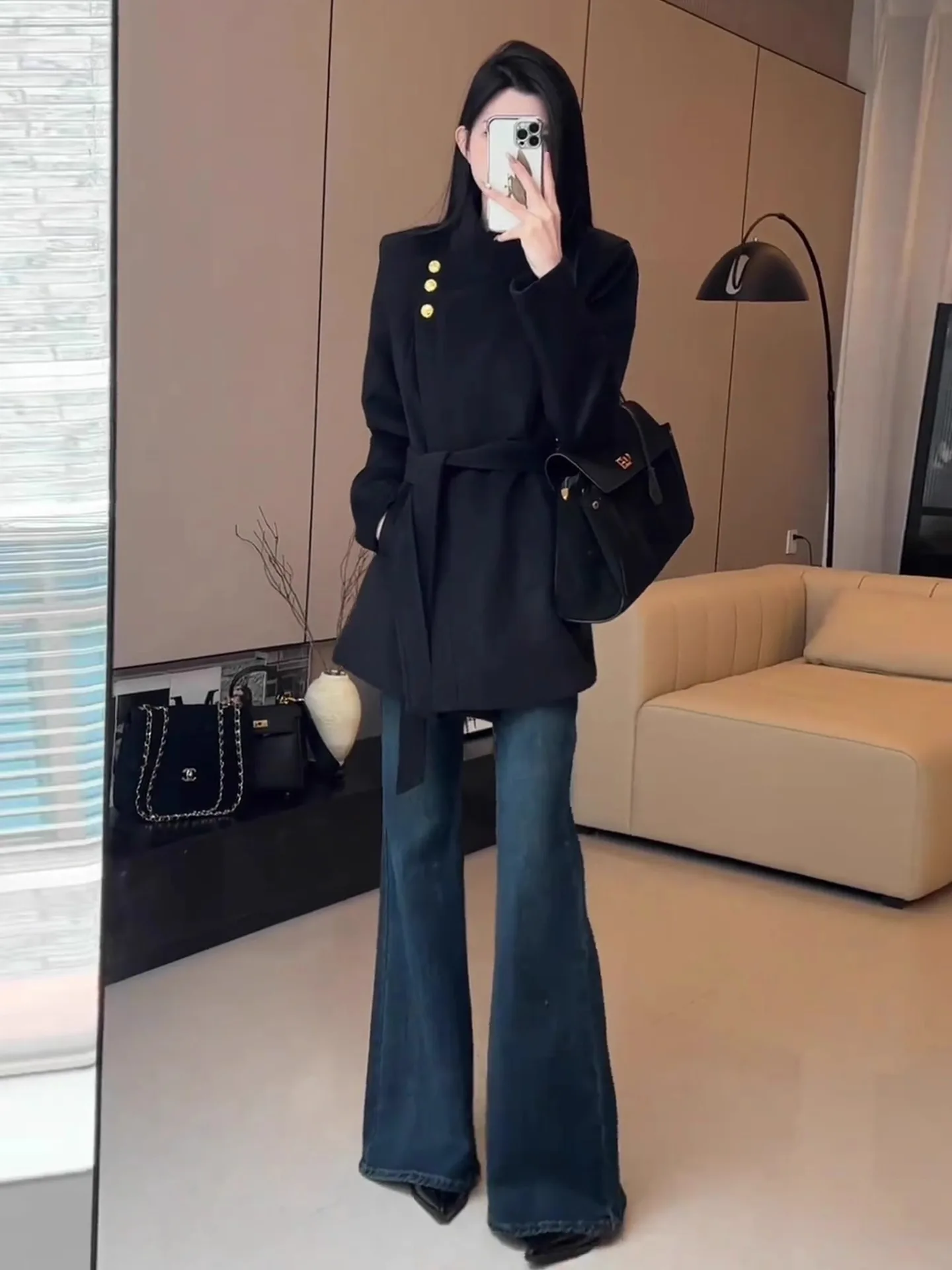 

Deep Blue High Waist Fleece Lined Thickened Wide Leg Jeans Women's Small Size Autumn Winter New Style Micro Flared Long Pants