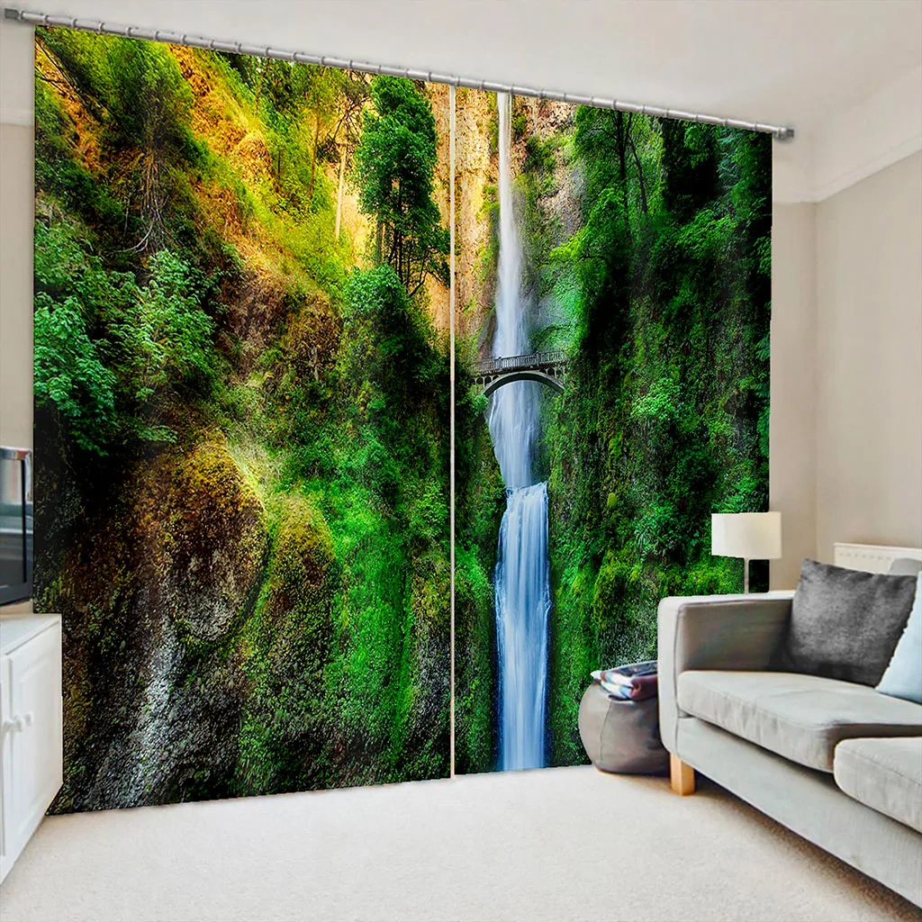 2 Panels Green Forest Waterfall Natural Scenery Curtains for Bedroom Living Room Floor-to-ceiling Window Kitchen Shutters Drapes