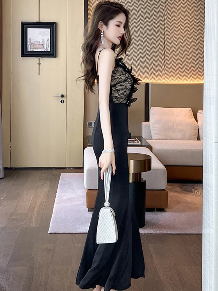 فستان سهرة رسمي فرنسي أنيق للنساء من الدانتيل الأسود الحلو على شكل فراشة الماس بدون ظهر رداء ذيل السمكة للحفلات