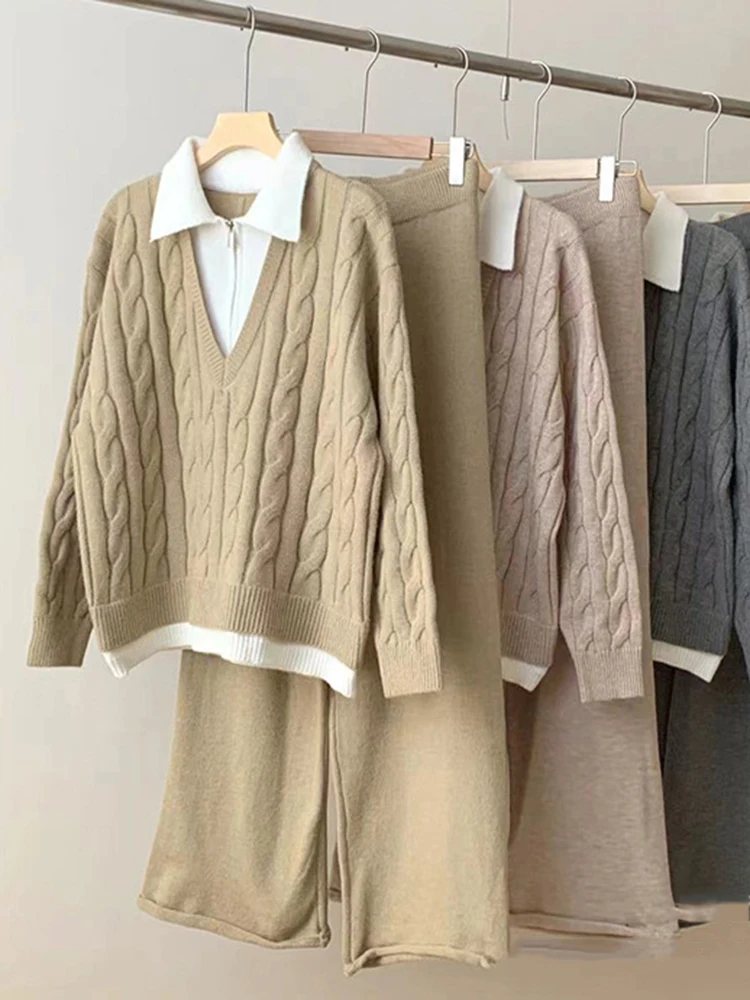 LANMREM Two-pieceTwists Sweater Set Patchwork Lapel Pullover With Wide Leg Pants Knitting Thickened Clothing 2024 New 2DA9350