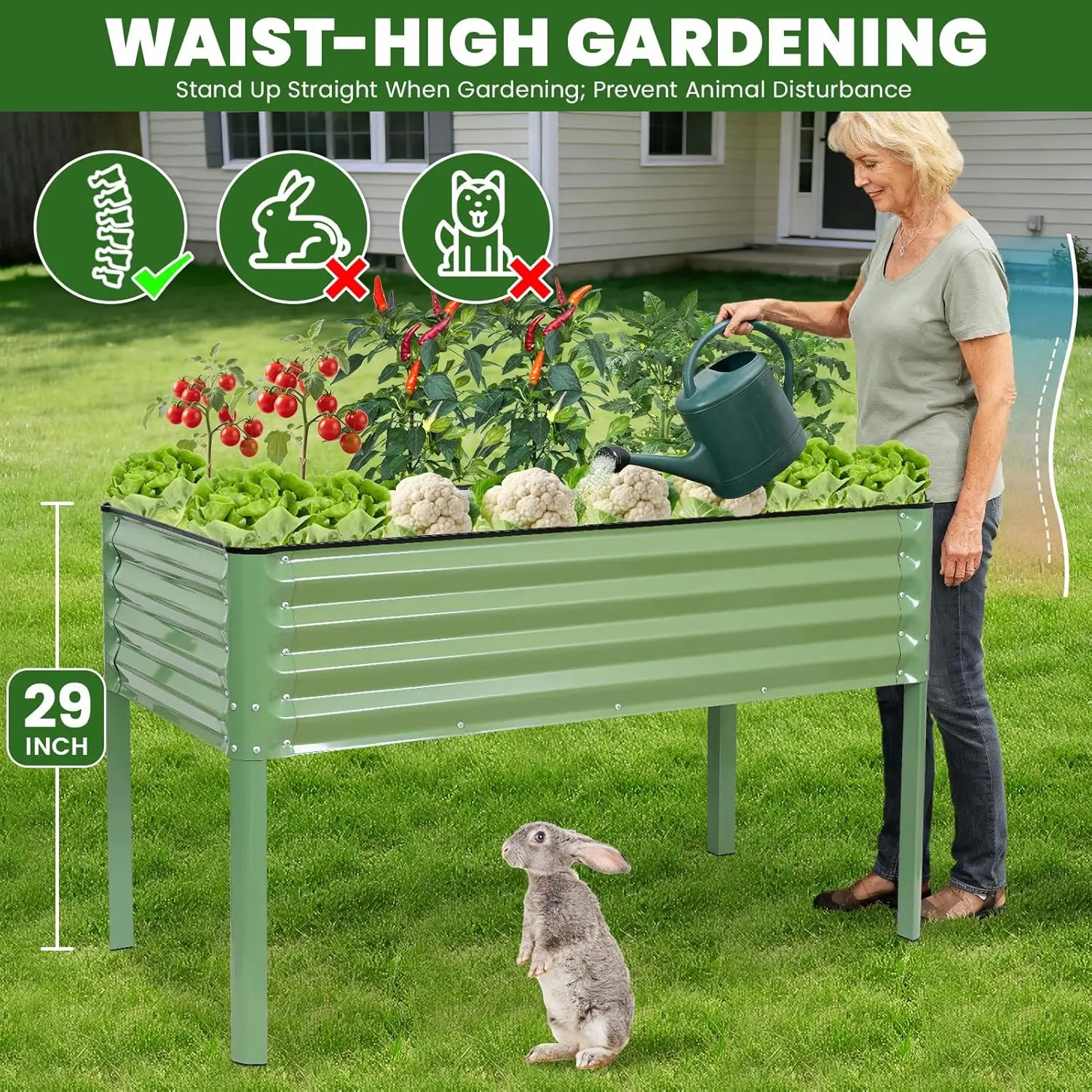 Elevated Raised Garden Bed 2' x 4'- Galvanized Metal Planter Boxes with Legs, Outdoor Planters for Backyard/Patio/Balcony, with Drainage Holes for Vegetables, Flowers, Herbs, Green