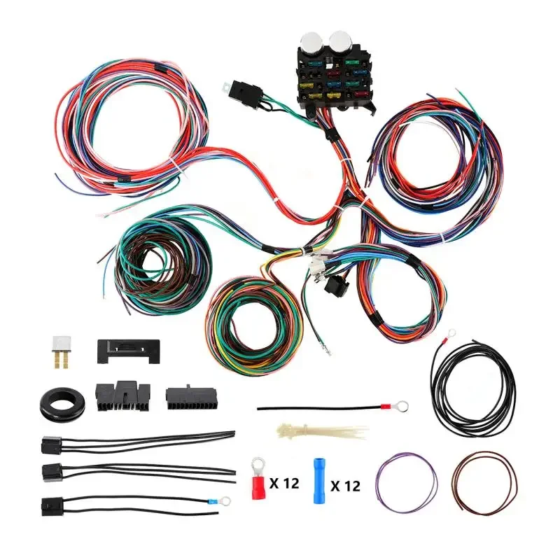 Universal 12 Circuit Wiring Harness Kit Fuse Box Wire Car Modification Harness For 12-volt Vehicle Engine Swaps w/ Instructions