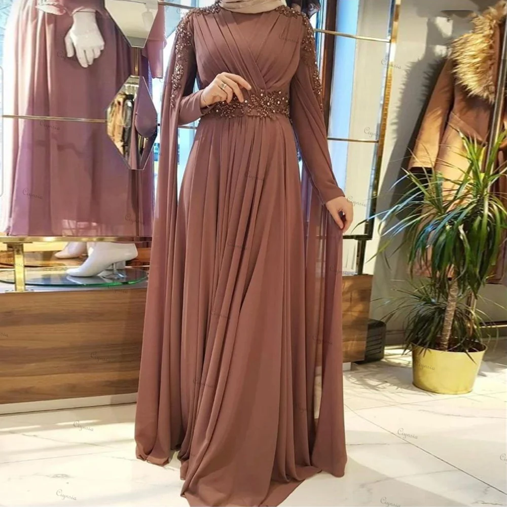 Ciynsia Dubai Muslim Hijab Evening Dresses A-Line Chiffon Beaded Long Sleeve Formal Party Dress Saudi Arabic Robe De Soiree 2024