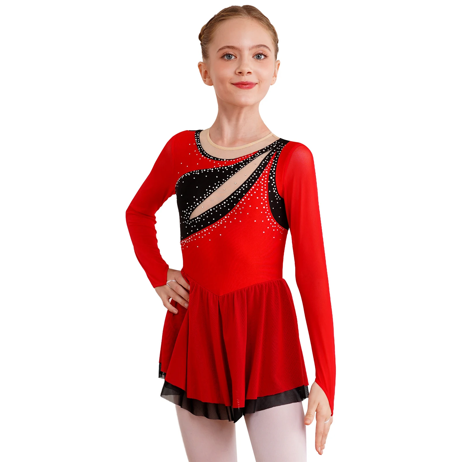 Kids Girls Rhythmic Gymnastics Artistic Skating Ballet Lyrical Dance Dress Ballet Modern Dance Costumes Glittery Rhinestone