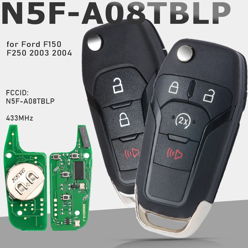 

KEYECU N5F-A08TBLP 434mhz Flip Remote Key 4/5 Button Fob for Ford F150 F250 2003 2004