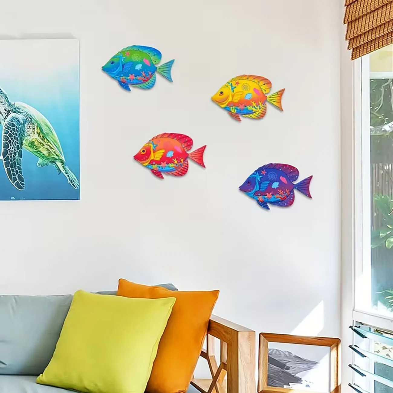 4Pcs Colorful Tropical Fish Wooden Wall Stickers With Double Sided Nano Tape, Ocean Style Living Room Wall Decor Ornament - view 3