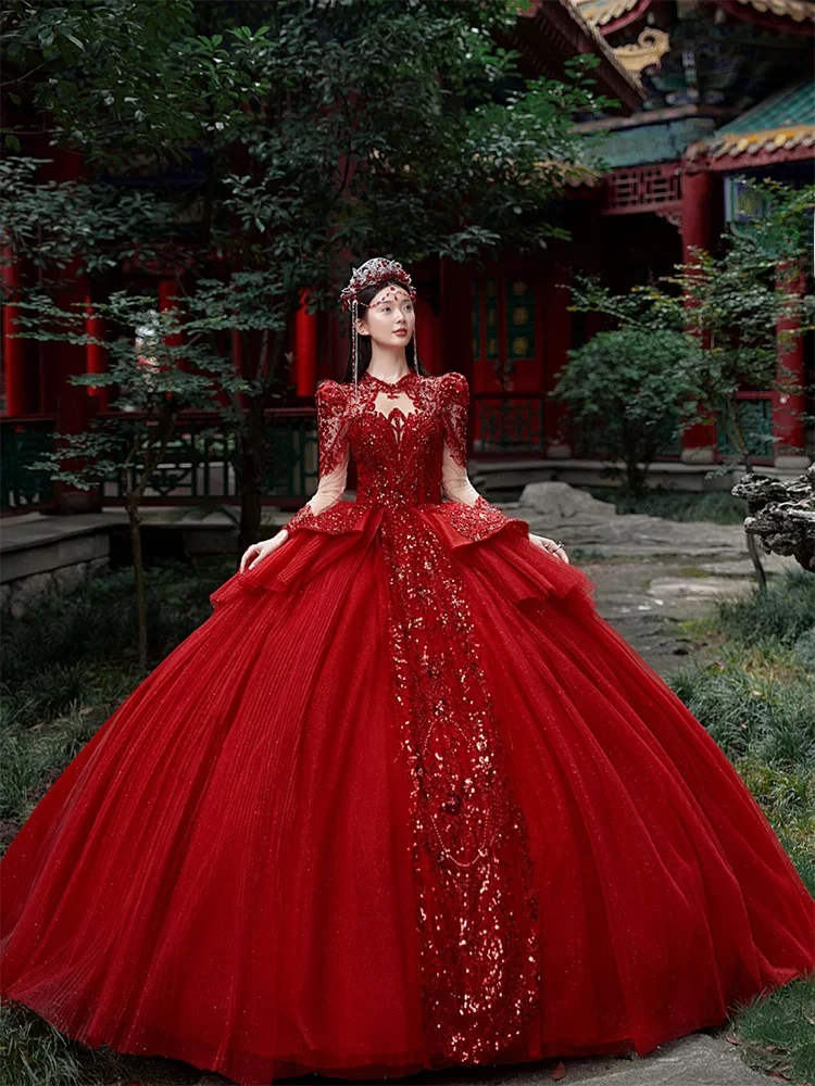 

Красное свадебное платье с длинными рукавами, модель 2025 года, новинка зимы 2026, элитное, из плотной ткани, маленький размер, кружевное, в пол