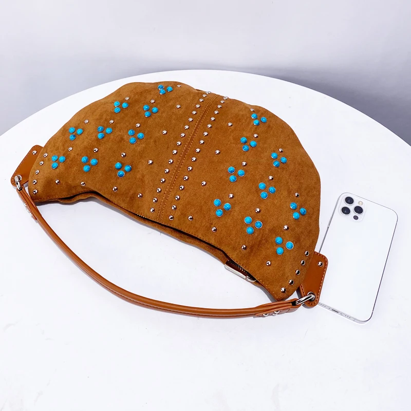 Half Moon Faux Suede Underarm Bags For Women Luxury Designer Handbags Purses 2024 New In Vintage Rivet Pearl Shoulder Crossbody