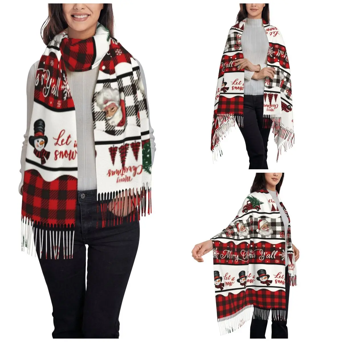Womens Scarf with Tassel Nodic Merry Christmas Santa Claus Single-sided Pattern  Warm Shawl Wrap Snowman Gifts Cashmere Scarf