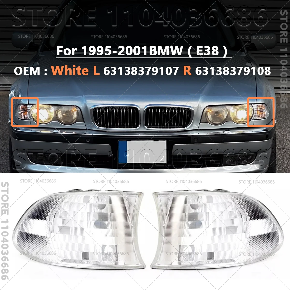 63138379107/108 Front Corner Turn Signal Light Lamp For BMW 7 Series E38 1995‑2001 Parking Side Marker Lamp Without Bulb