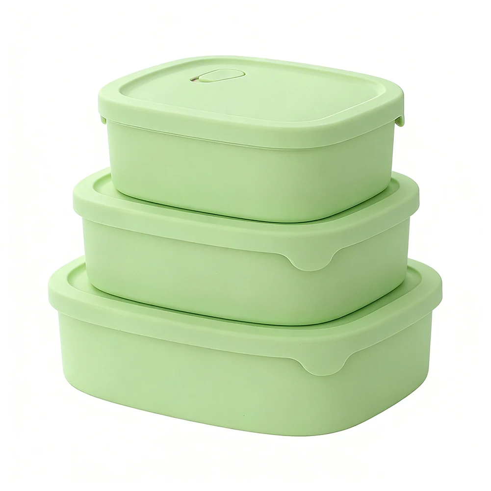 3PCS Rectangular 3 Compartments Silicone Lunch Box Snack Containers With Dual-locking Lids For Microwave Refrigerator