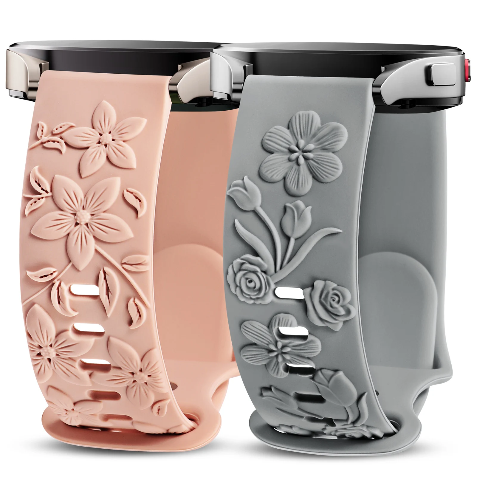 Wearlizer 2 Pack Floral Engraved Band For Samsung Galaxy Watch 7/FE/6/5/4 40mm 20mm Silicone Strap for Samsung Watch 7 41mm 40mm