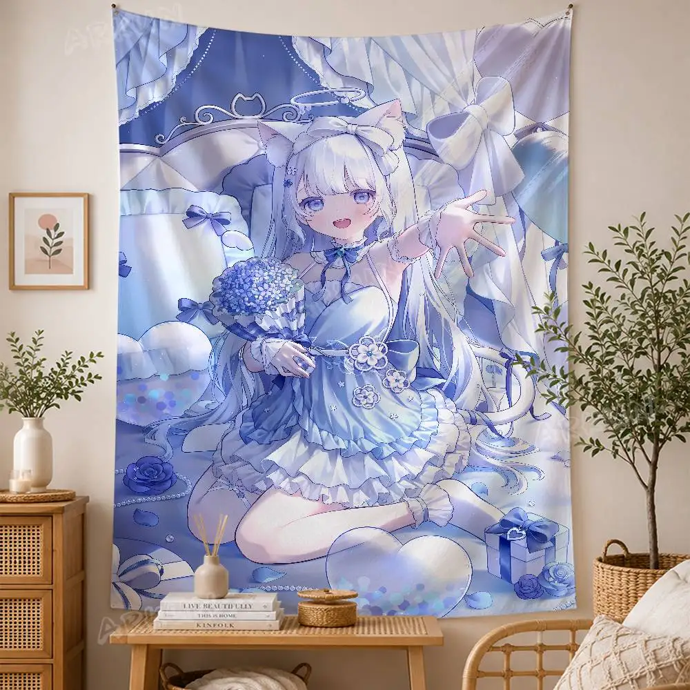Light Blue Neko Anime Girl Tapestry, Kawaii White Hair Cat Ear Lolita Character Wall Hanging, Sweet Manga Art Wall Bedroom Decor