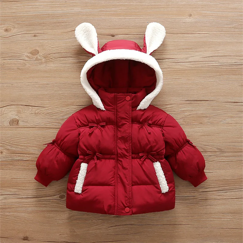 Girls Cute Hooded Cotton Coat Fleece Ear Decor Long Sleeve Warm Padded Outerwears 1-6Y Children Thick Thermal Quilted Jackets