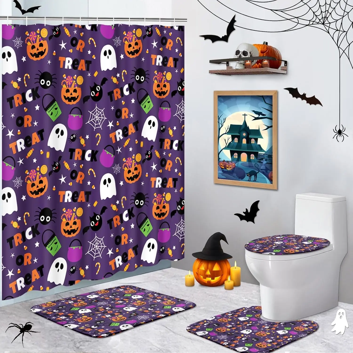 Halloween Sweet Candy Shower Curtain Set with Toilet Lid Cover and Non-Slip ,Pumpkin Cute Fall 4Pcs Shower Curtains for Bathroom