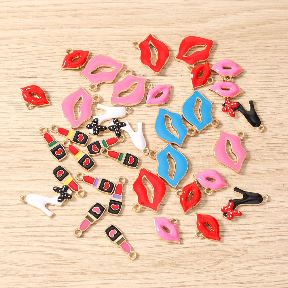 Tusember 10 Stück niedliche High-Heels-Anhänger mit roten Lippen und Lippenstiften für die Schmuckherstellung, Halskette, Ohrringe, Armband, DIY, handgefertigtes Kunsthandwerk – Detail 1