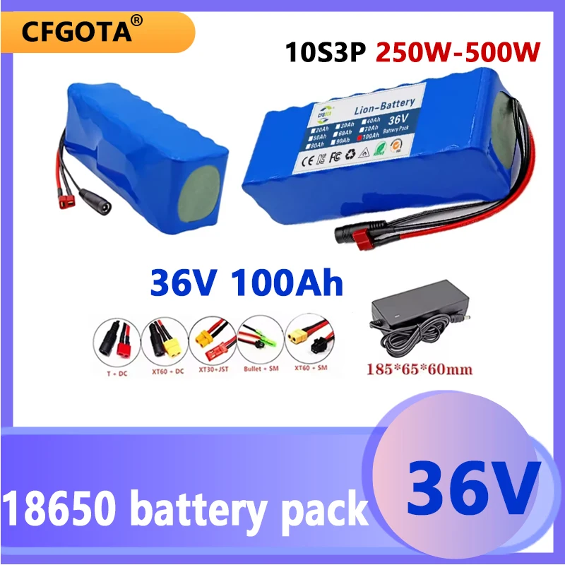 2026 36V 100Ah 18650 battery pack 10S3P 100000mAh built-in 15A BMS, 250W-500W battery+42V 2a charger