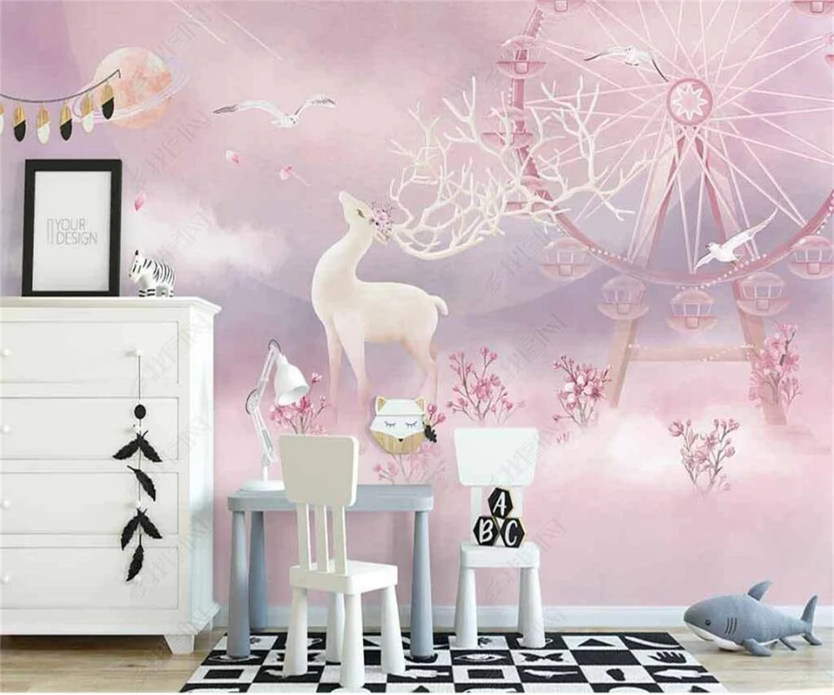 

beibehang Customize the latest bedroom, living room, Nordic hand-painted reindeer pink children's room background wallpaper