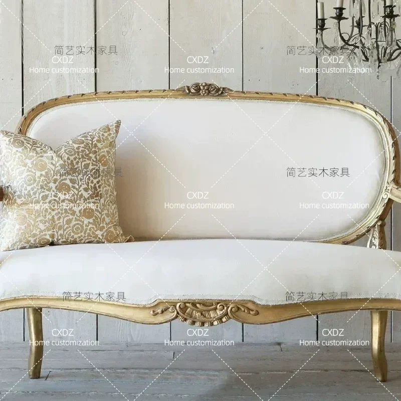 French Solid Wood Carved Floral Small Sofa Retro Living Room Casual Armrest Double Chair Studio Wedding Photo Prop Furniture