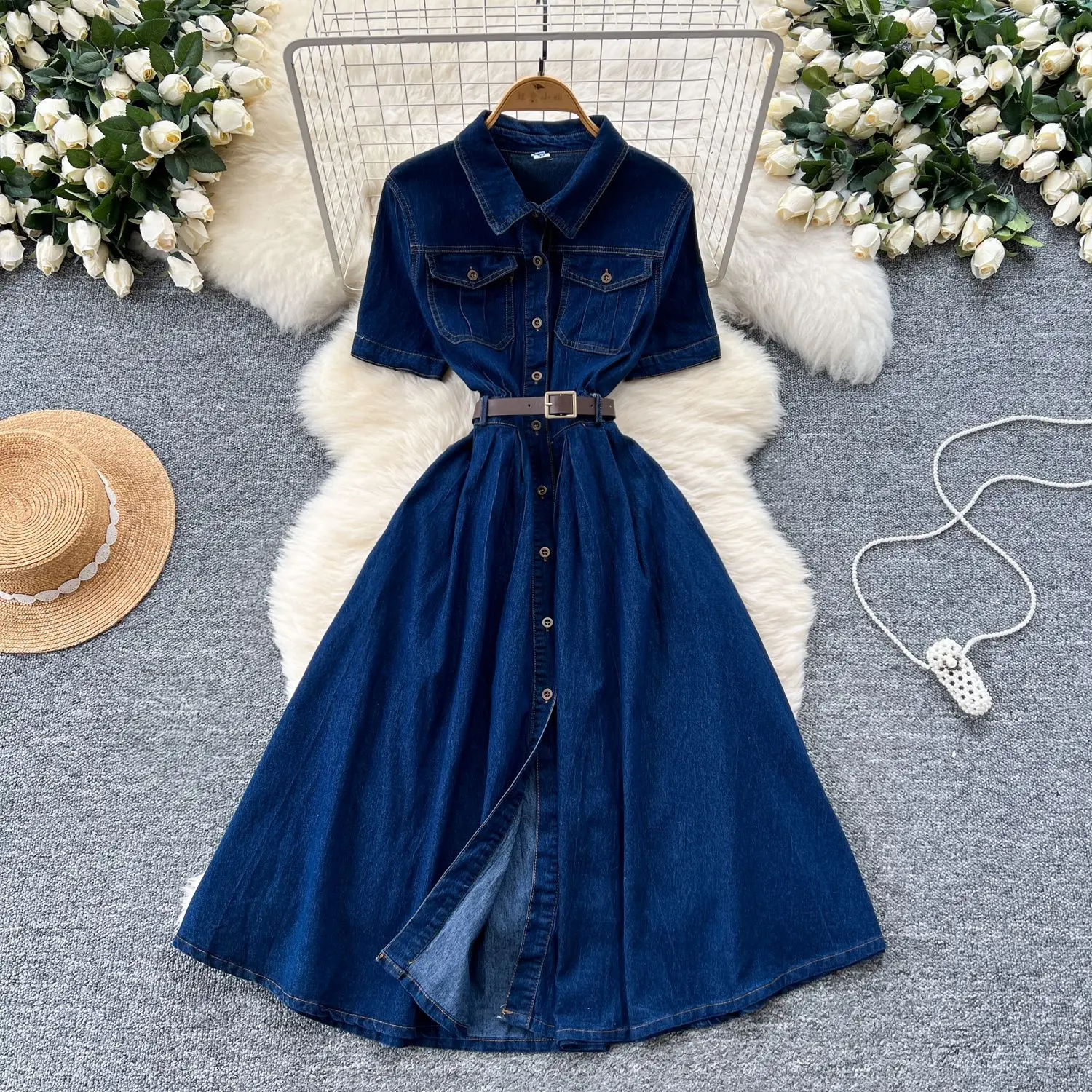 

Long Dress Women Denim Shirt Dresses A Line Vestidos High Waist Short Sleeve Elegant Jeans Y2k Streetwear Work Slim Fit 2025