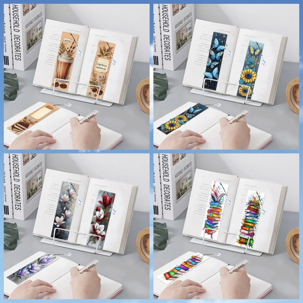 3er-Set mit Blumen-, Buch- und Tassenmuster, Diamant-Malerei-Set, Lesezeichen zum Selbermachen für Heimbüro und Schule, Klassenzimmer