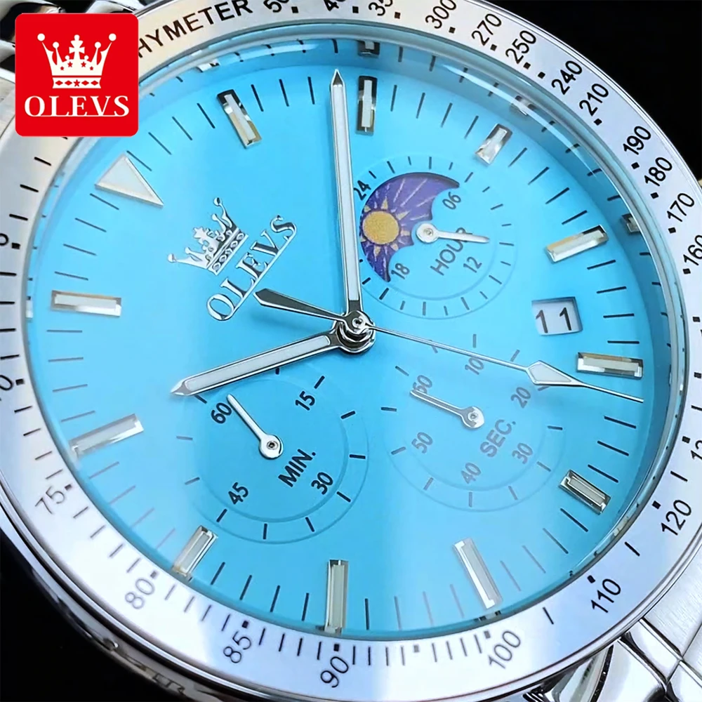 ساعات OLEVS الفاخرة للرجال من الفولاذ الناعم، ساعة يد كوارتز أصلية للرجال مقاومة للماء، كرونوغراف لمرحلة القمر