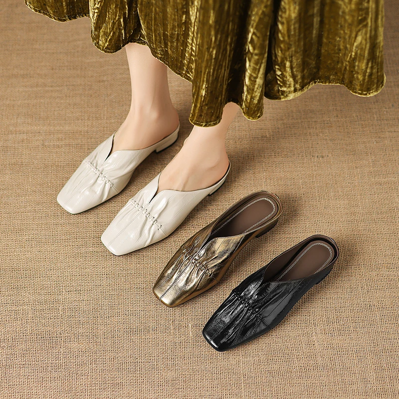 2026 new summer women sandals natural leather plus size 22-25.5cm soft sheepskin square toe pleated mules women slippers fashion