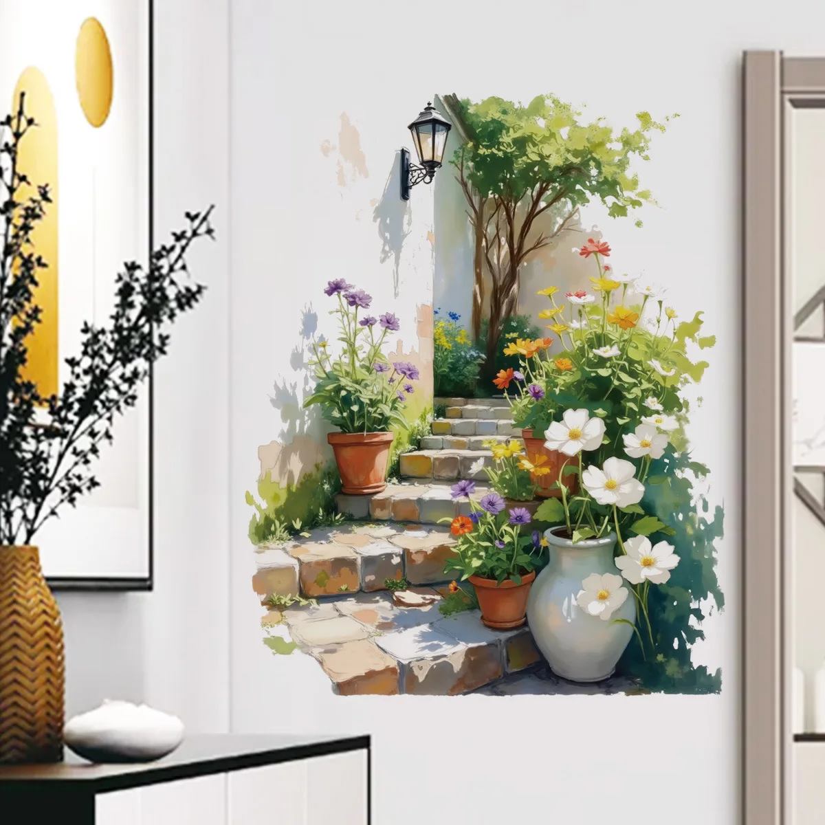 Tree Plant Wall Mural Sticker Self‑Adhesive Nature Green Foliage Wall Decal for Living Room Landscaping Background Home Decor