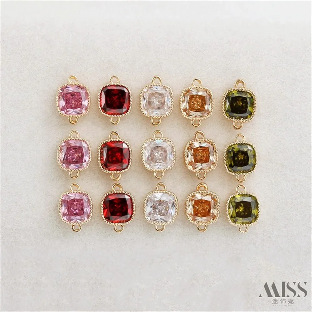 Liontin Ganda Persegi Berlapis Emas 14K dengan Zirkon Berwarna untuk Aksesori Pembuatan Perhiasan Gelang Kalung DIY