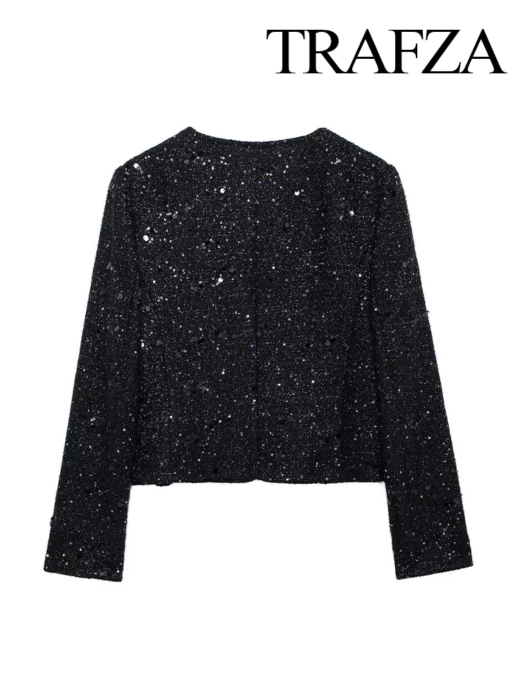 TRAFZA Women's Fashion Black Round Neck Sequined Textured Long Sleeve Blazer Coat Female Elegant Vintage Pocket Casual Jacket