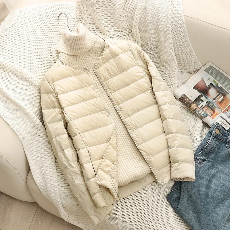 Early Winter Thin Goose Down Jacket Short Style Round neck Light And Simple Casual Versatile White Duck Down Women Fashion Coat