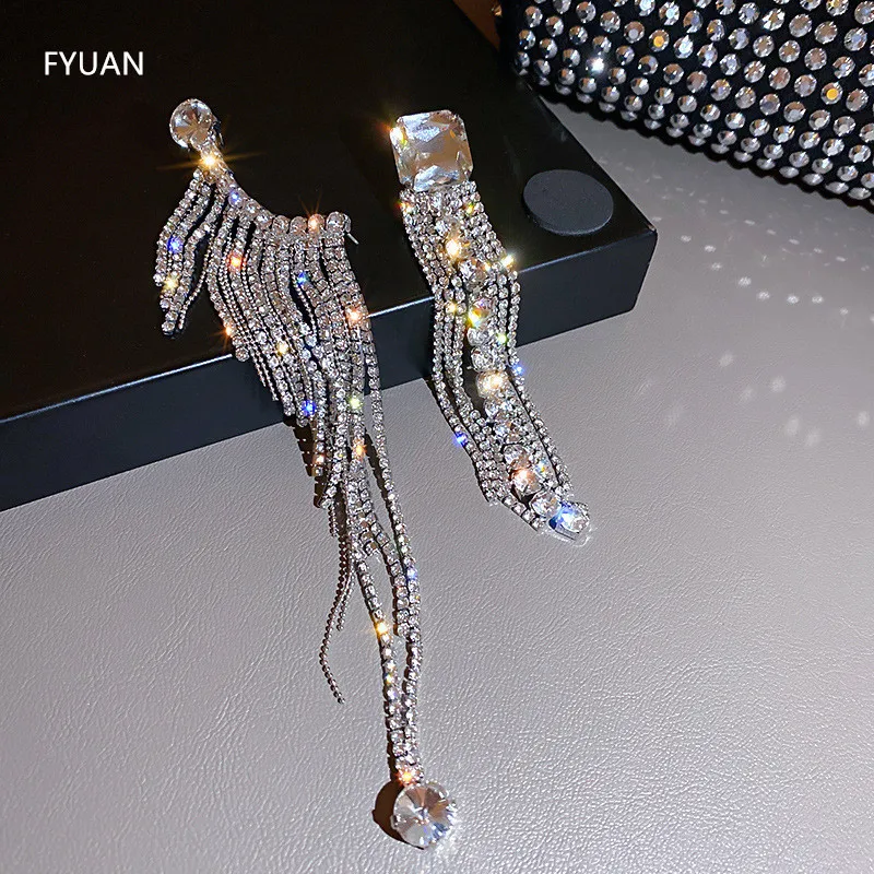 FYUAN Shine Full Rhinestone Asymmetry Drop Earrings for Women Long Tassel Crystal Earrings Weddings Party Jewelry