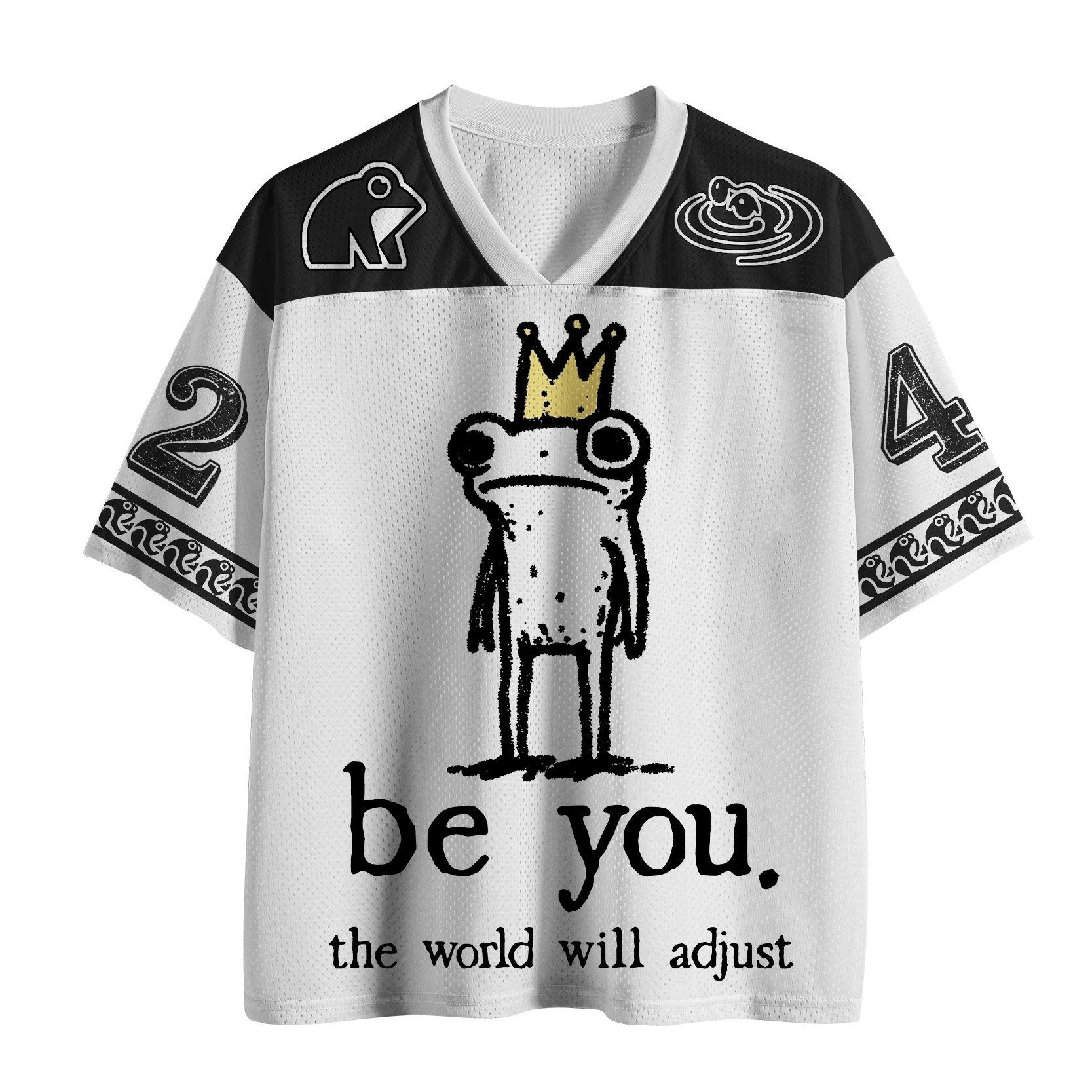 Wear A Crown Frog Print Mesh Jersey for Both Men and Women, Make Your Own Slogan, Cute Frog V-neck Loose Short Sleeved Shirt
