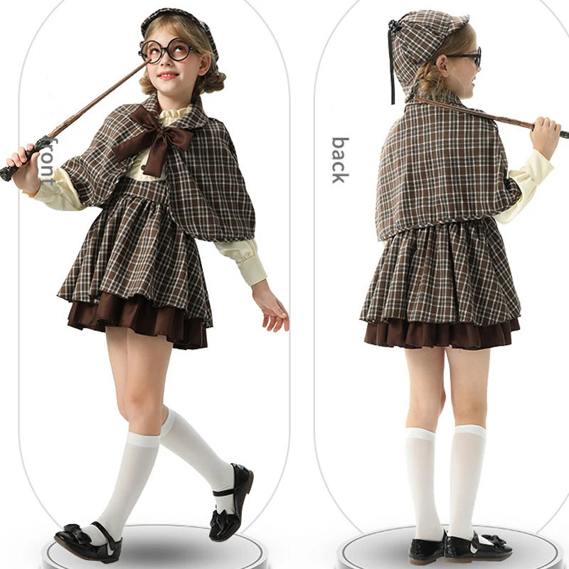 Karneval Purim Mädchen Detektiv Kostüm Lolita Britischer Stil Buchwoche Spielanzug Cosplay Halloween Fancy Partykleid