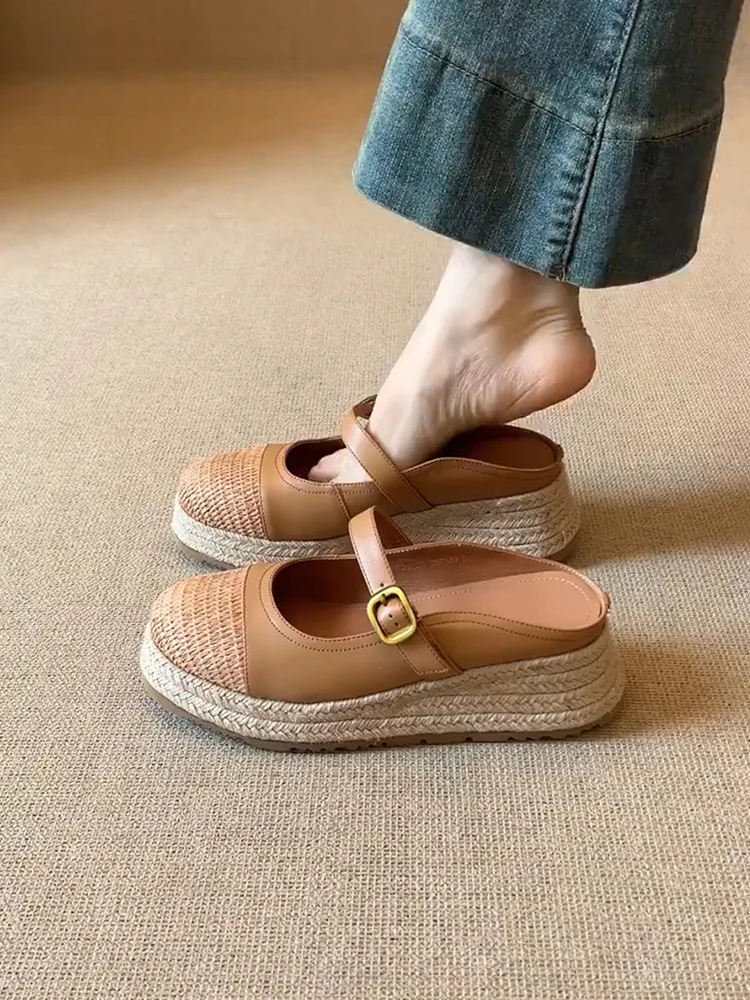 retro-design-round-toe-woven-belt-buckle-women's-mules-leather-head-slippers-heightening-flats-summer-casual-slip-on-shoes