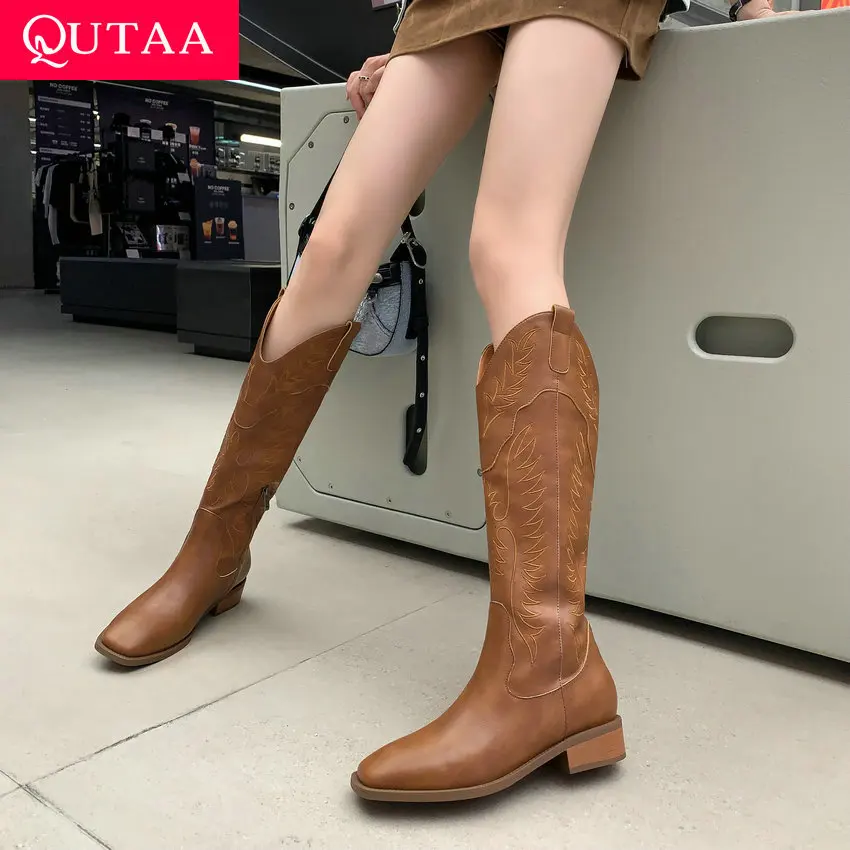 

QUTAA 2024 Women Knee-High Boots Autumn Winter Genuine Leather Low Heels Elegant Shoes Woman Party High Boots Size 34-39