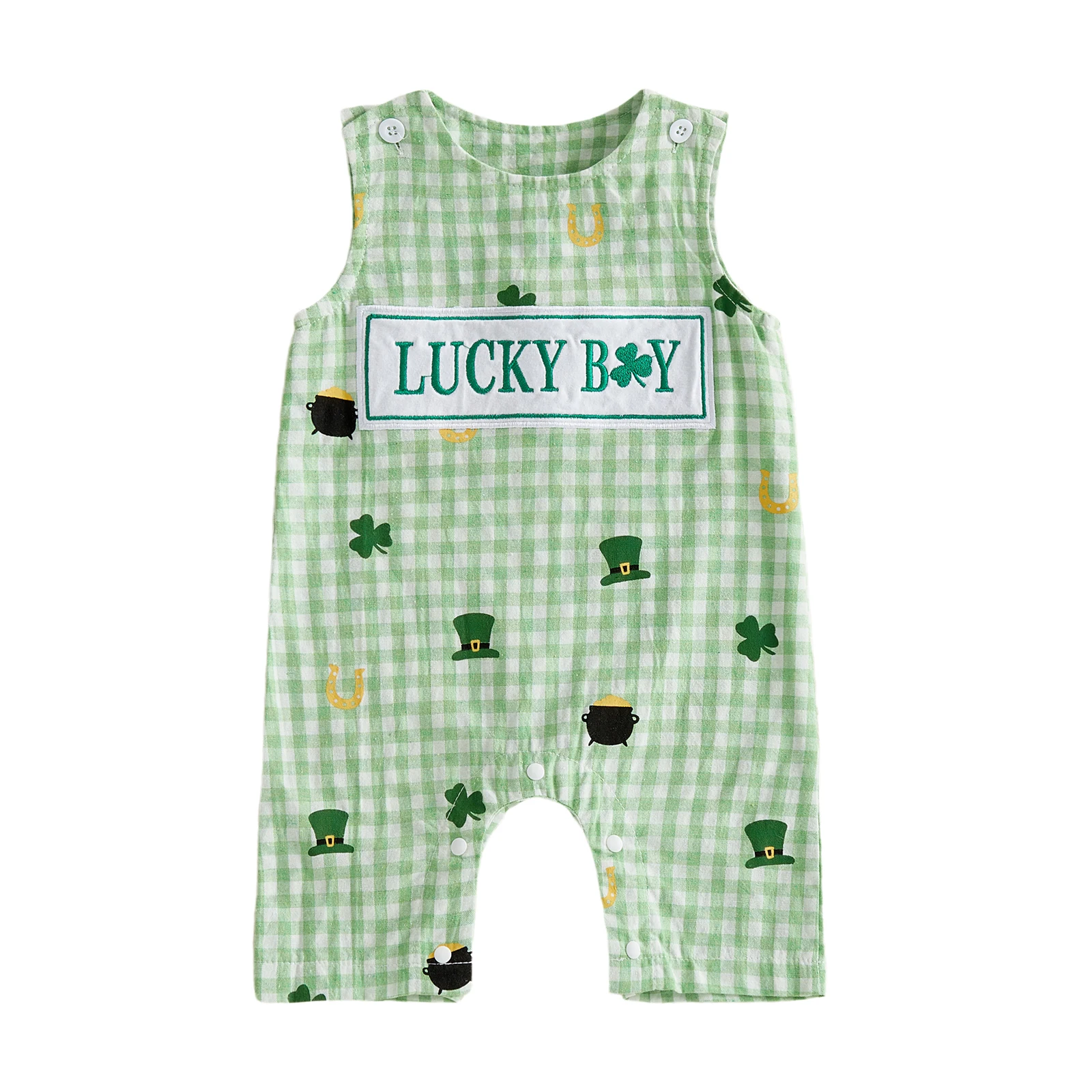 Baby Boys Rompers Ireland Clothes Clover Hat Print Plaid Buttons Sleeveless Infant Bodysuits Overalls