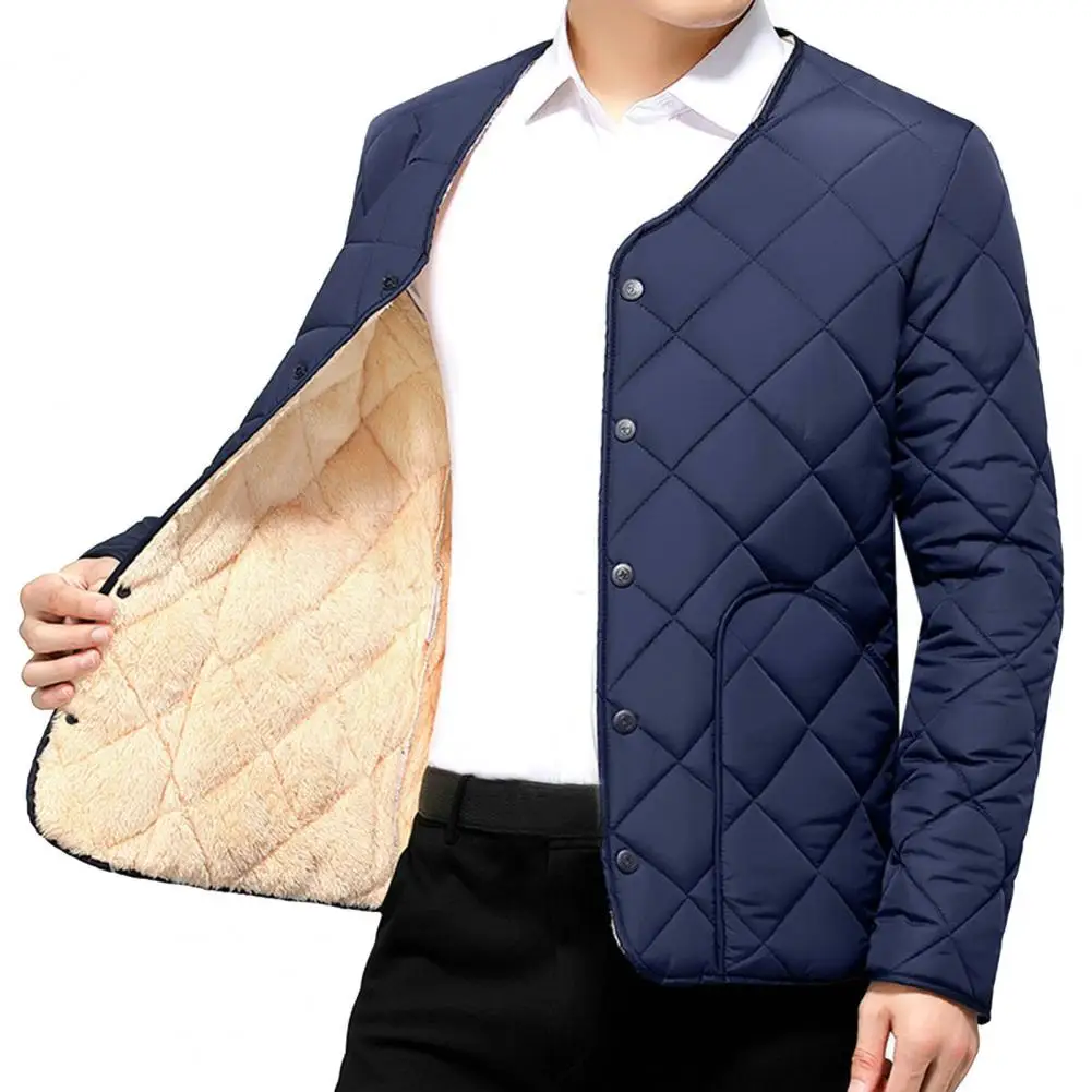 Men Winter Solid Color Down Padded Jacket Long Sleeve Pockets Single Breasted Fleece Lining Male Casual Outerwear Snow Waistcoat